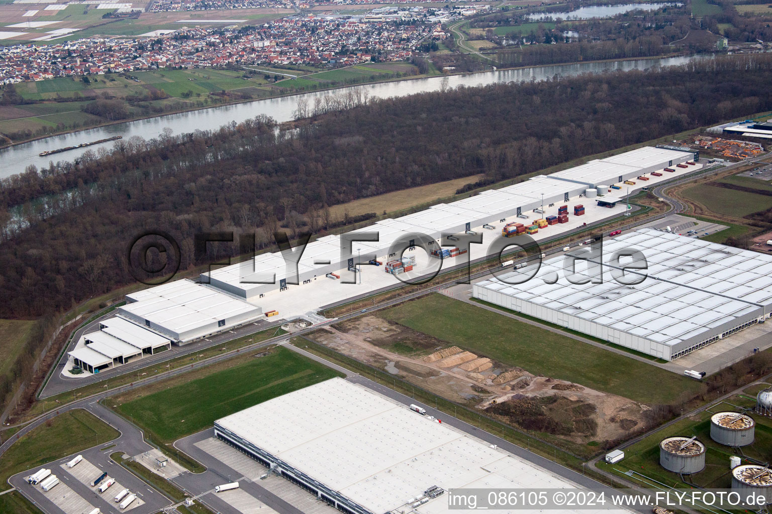 Oblique view of Industrial area at the airport in Speyer in the state Rhineland-Palatinate, Germany