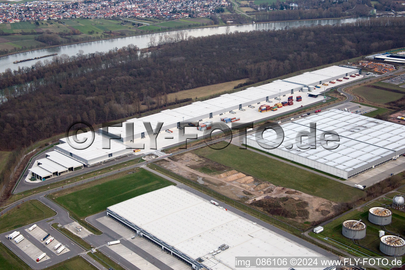 Industrial area at the airport in Speyer in the state Rhineland-Palatinate, Germany from above