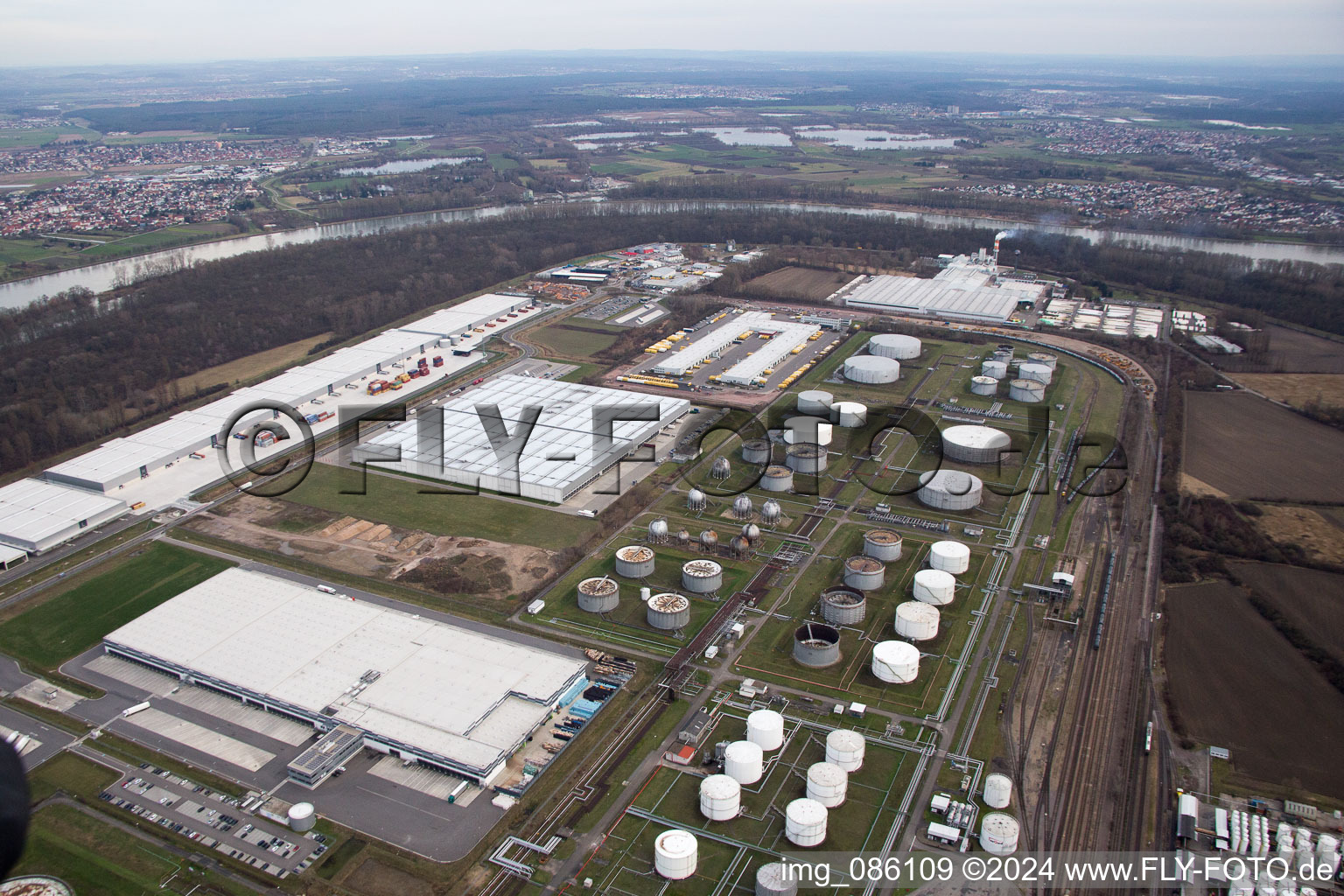 Industrial area at the airport in Speyer in the state Rhineland-Palatinate, Germany seen from above