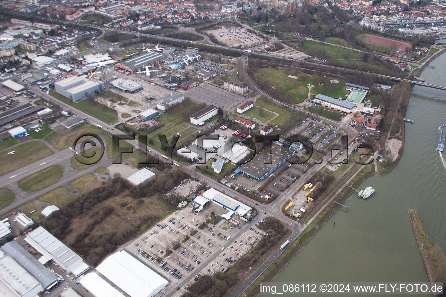 Industrial area at the airport in Speyer in the state Rhineland-Palatinate, Germany from the plane