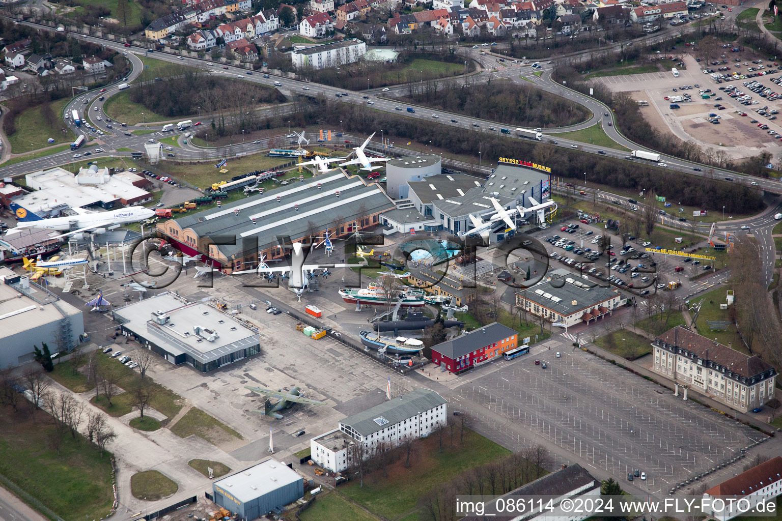 Aerial view of Transport Museum in Speyer in the state Rhineland-Palatinate, Germany