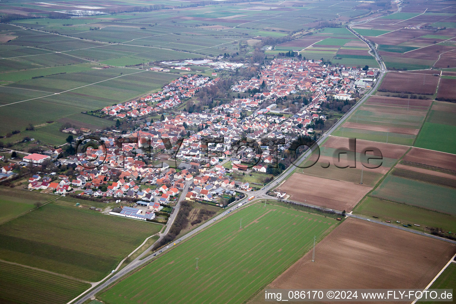 Essingen in the state Rhineland-Palatinate, Germany seen from above