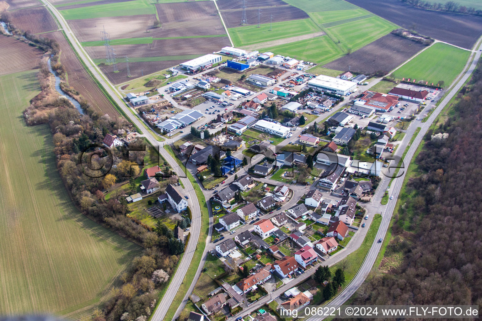 Aerial view of Commercial area Gewerbering in the district Rußheim in Dettenheim in the state Baden-Wuerttemberg, Germany