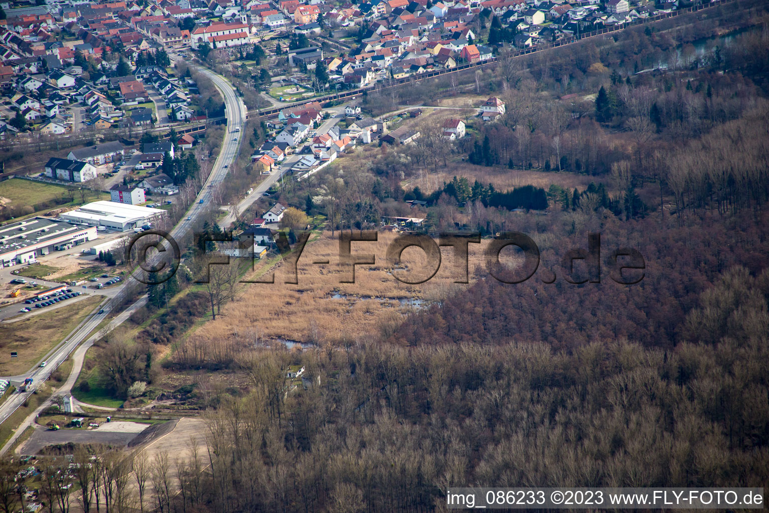 Oblique view of District Neudorf in Graben-Neudorf in the state Baden-Wuerttemberg, Germany