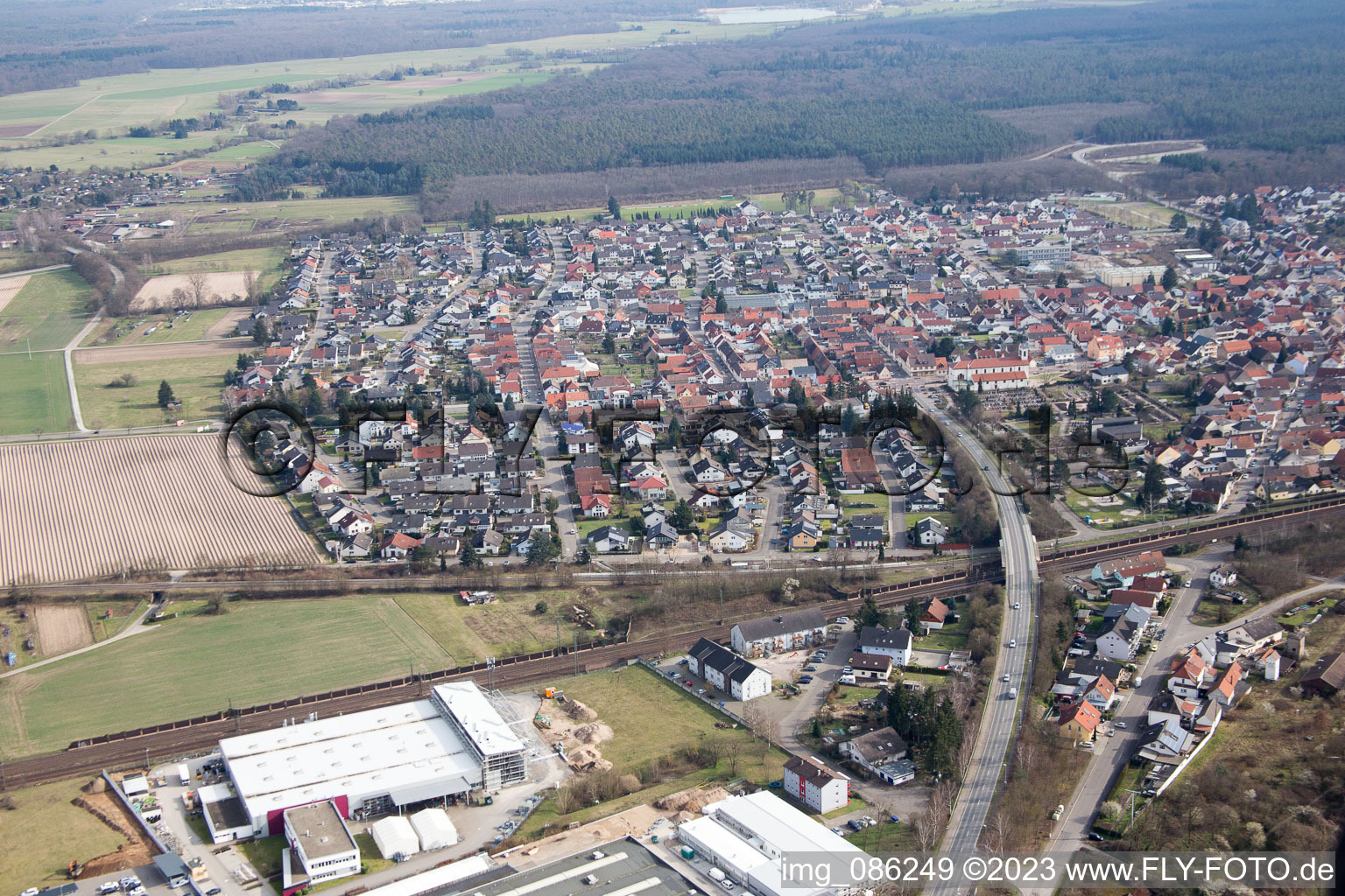 Railway crossing of Huttenheimer Landstr in the district Neudorf in Graben-Neudorf in the state Baden-Wuerttemberg, Germany