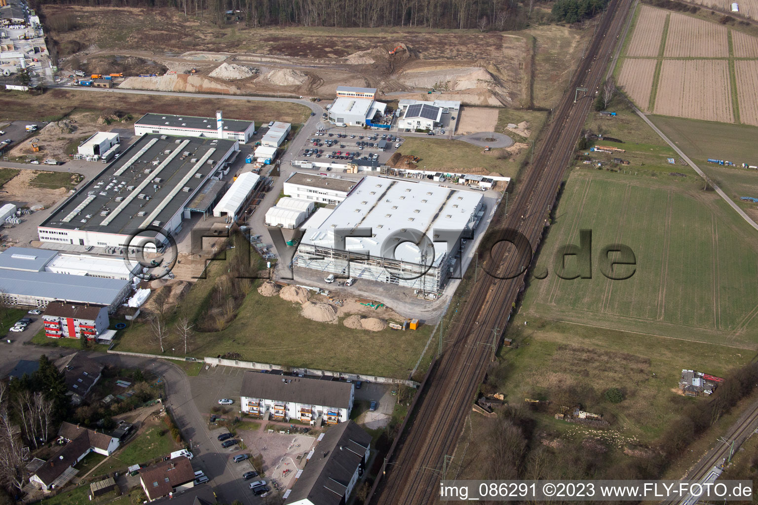 Oblique view of Industrial area Siemensstr in the district Neudorf in Graben-Neudorf in the state Baden-Wuerttemberg, Germany