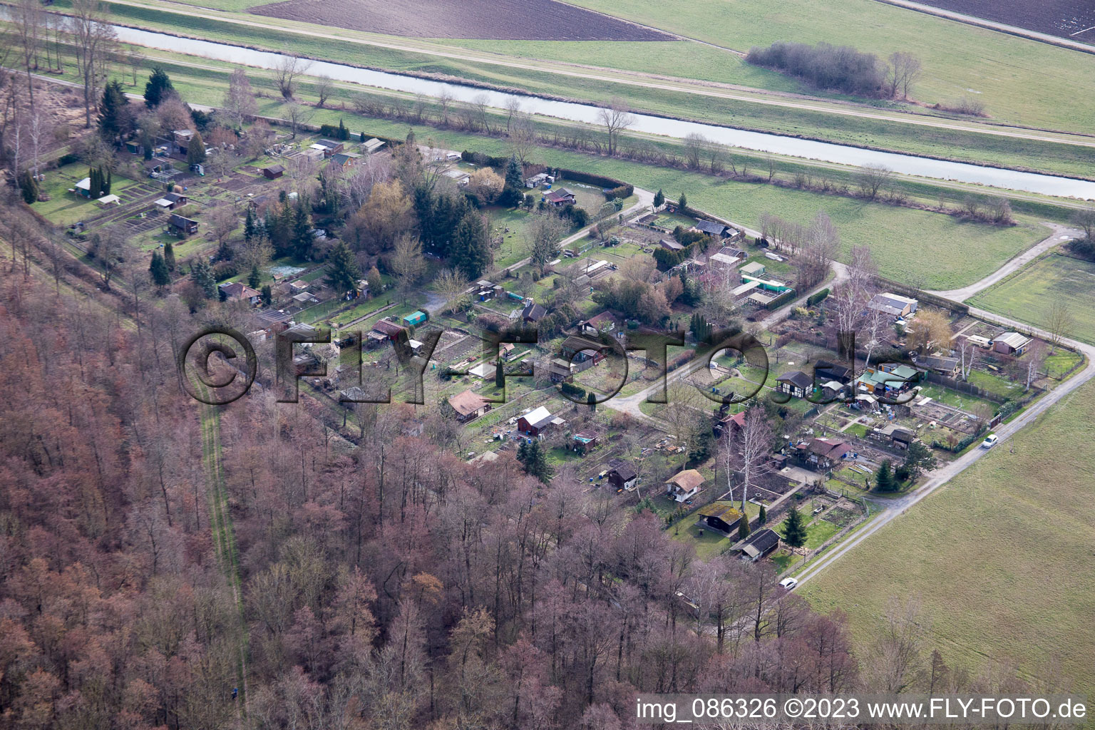 Allotment gardens on the Saalbach Canal in the district Graben in Graben-Neudorf in the state Baden-Wuerttemberg, Germany