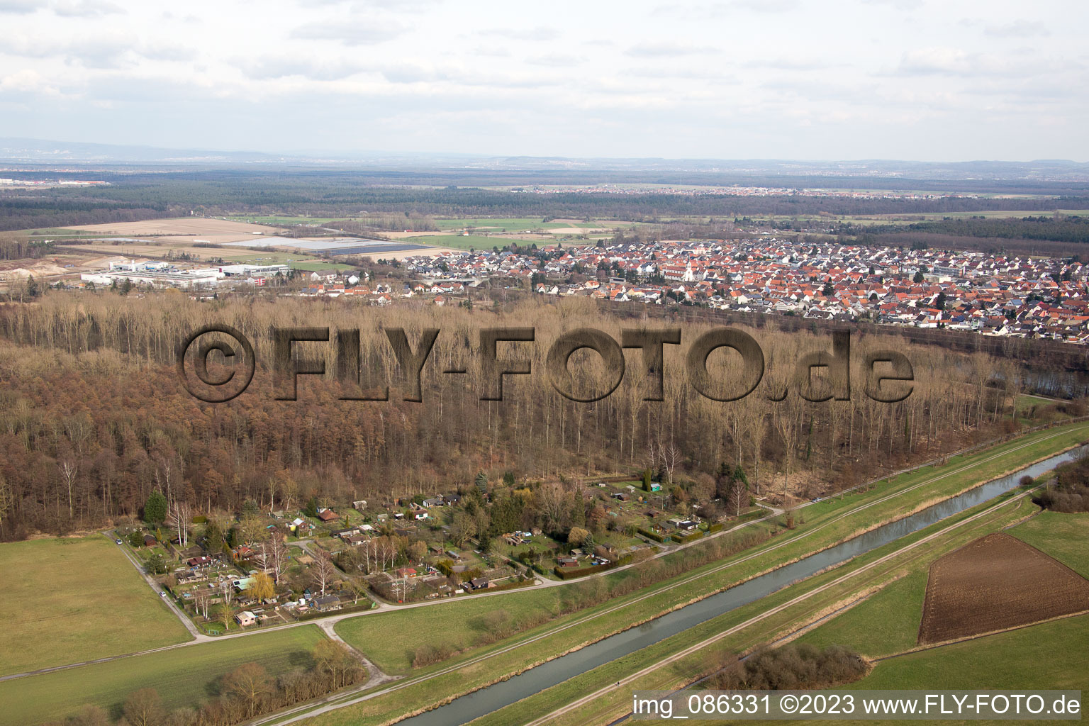 Aerial photograpy of Allotment gardens on the Saalbach Canal in the district Graben in Graben-Neudorf in the state Baden-Wuerttemberg, Germany