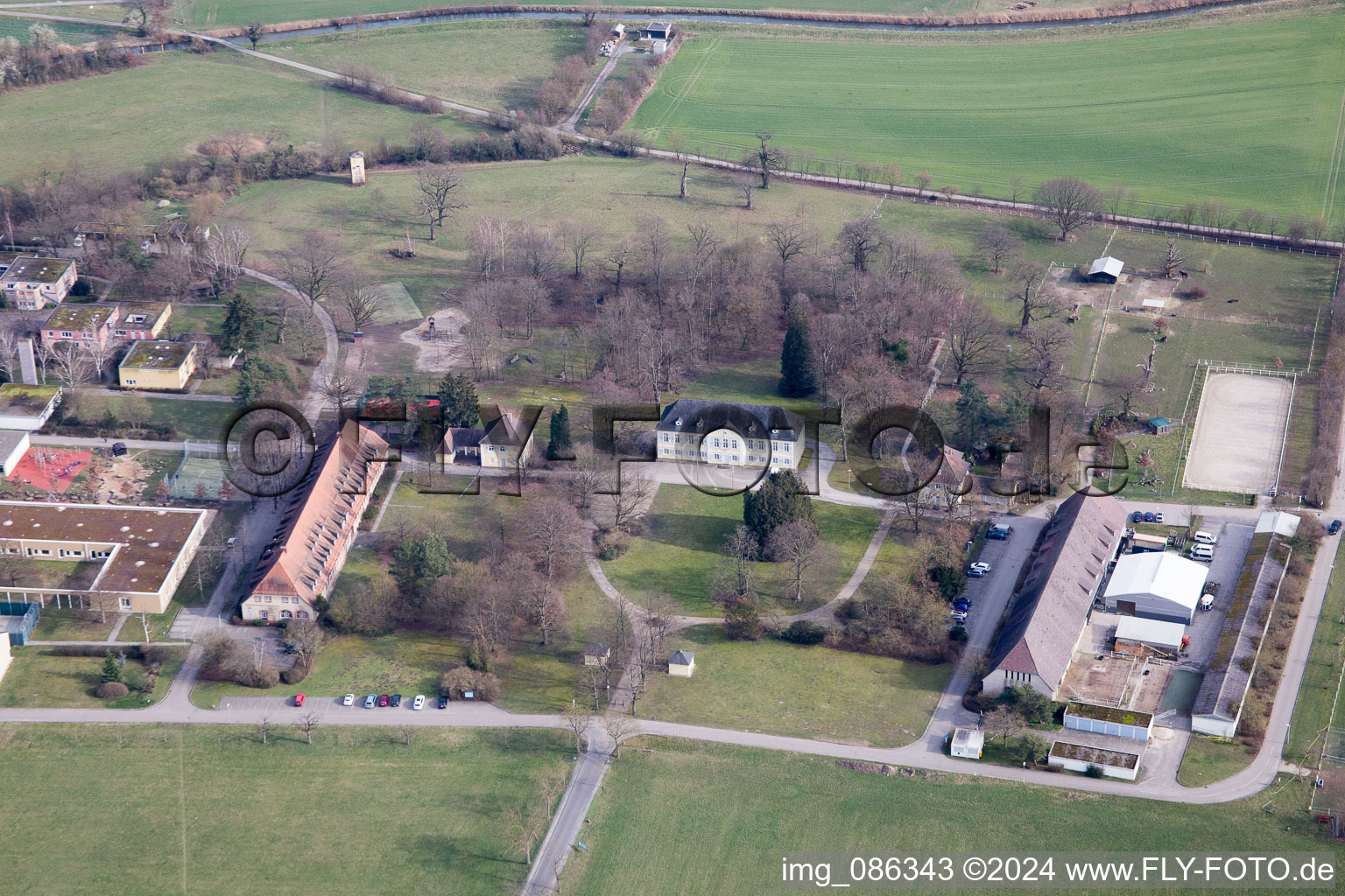 Aerial view of Buildings of the Youth Home Jugendeinrichtung Schloss Stutensee GgmbH in Stutensee in the state Baden-Wurttemberg, Germany