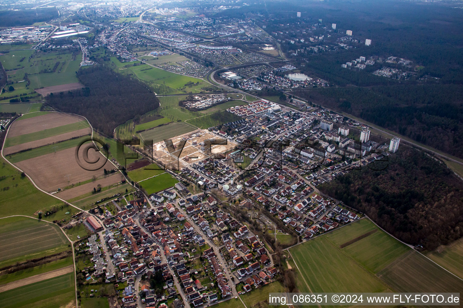 Aerial view of District Büchig in Stutensee in the state Baden-Wuerttemberg, Germany