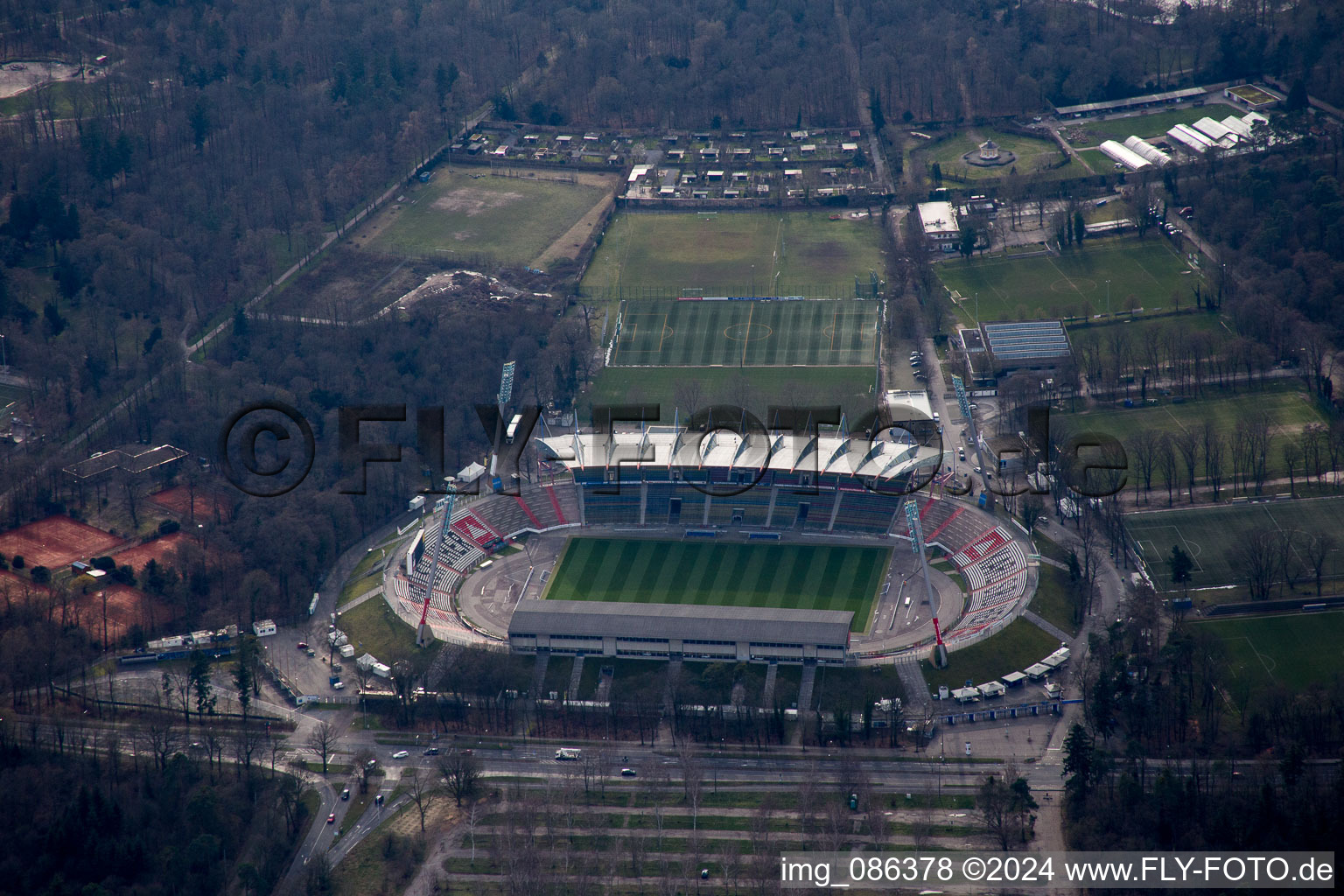 Aerial view of Wildparkstadion KSC in the district Oststadt in Karlsruhe in the state Baden-Wuerttemberg, Germany