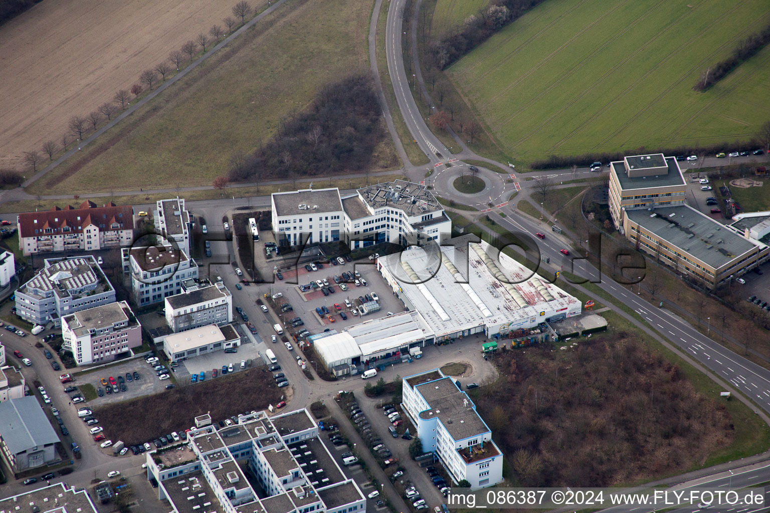 District Neureut in Karlsruhe in the state Baden-Wuerttemberg, Germany from above