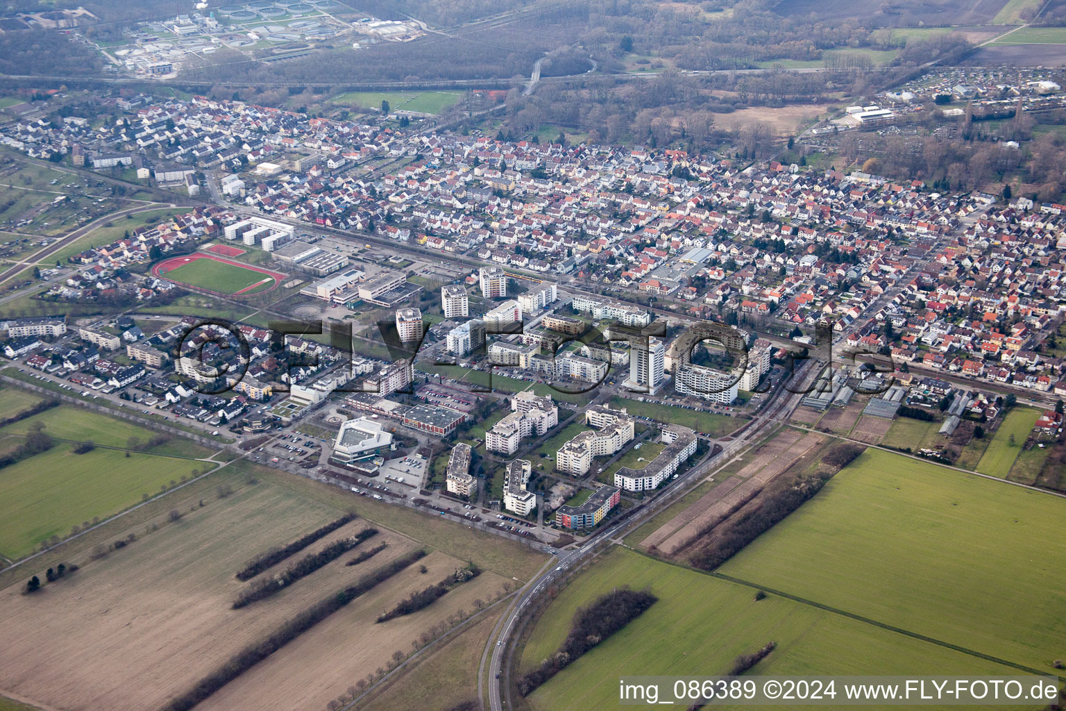 District Neureut in Karlsruhe in the state Baden-Wuerttemberg, Germany seen from above