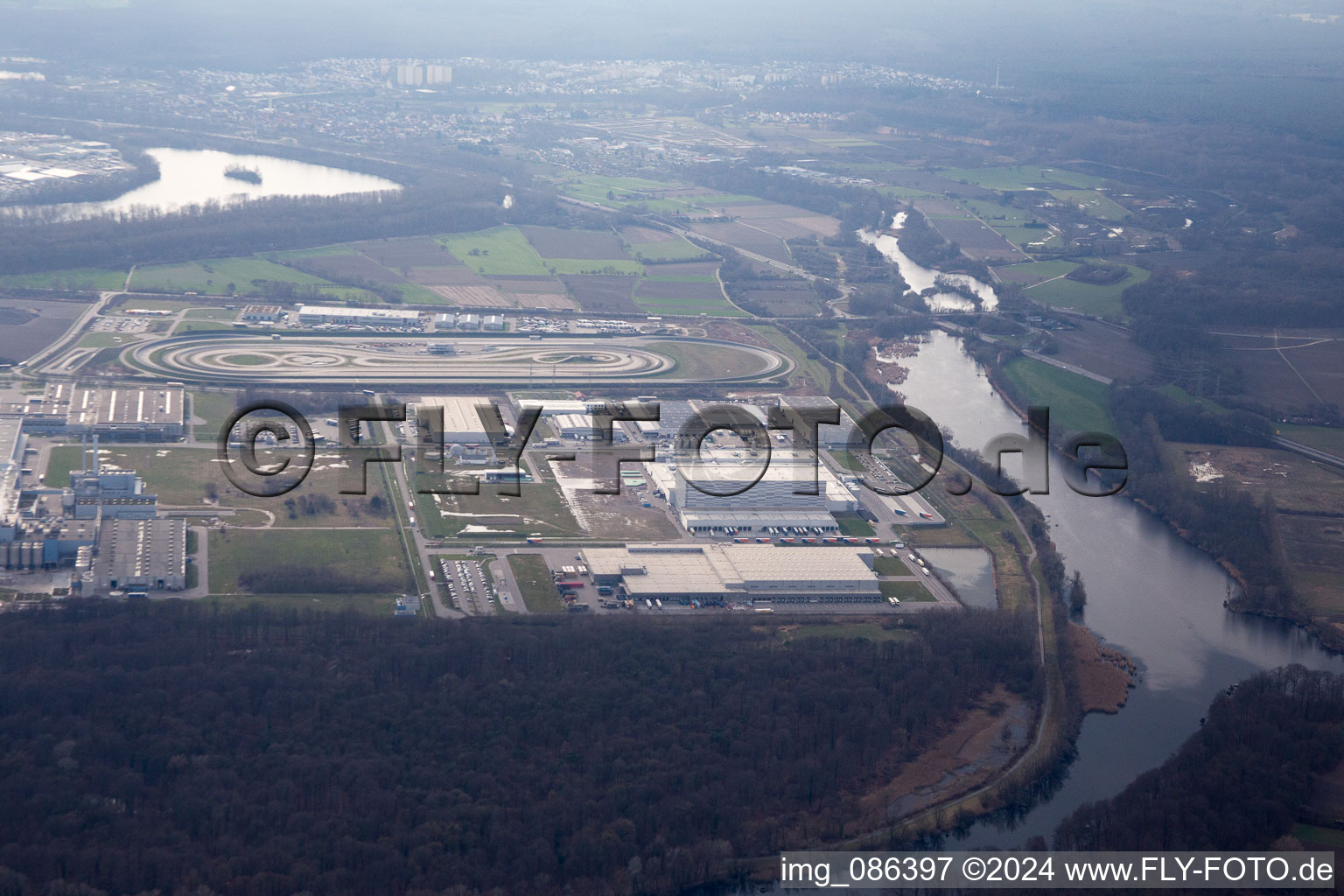 Oberwald industrial area from the northeast in Wörth am Rhein in the state Rhineland-Palatinate, Germany