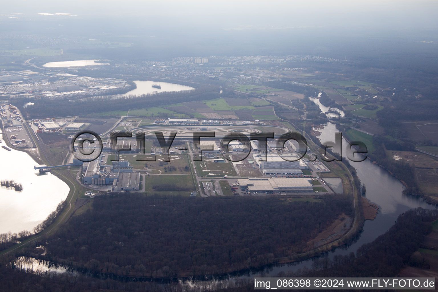 Aerial view of Oberwald industrial area from the northeast in Wörth am Rhein in the state Rhineland-Palatinate, Germany