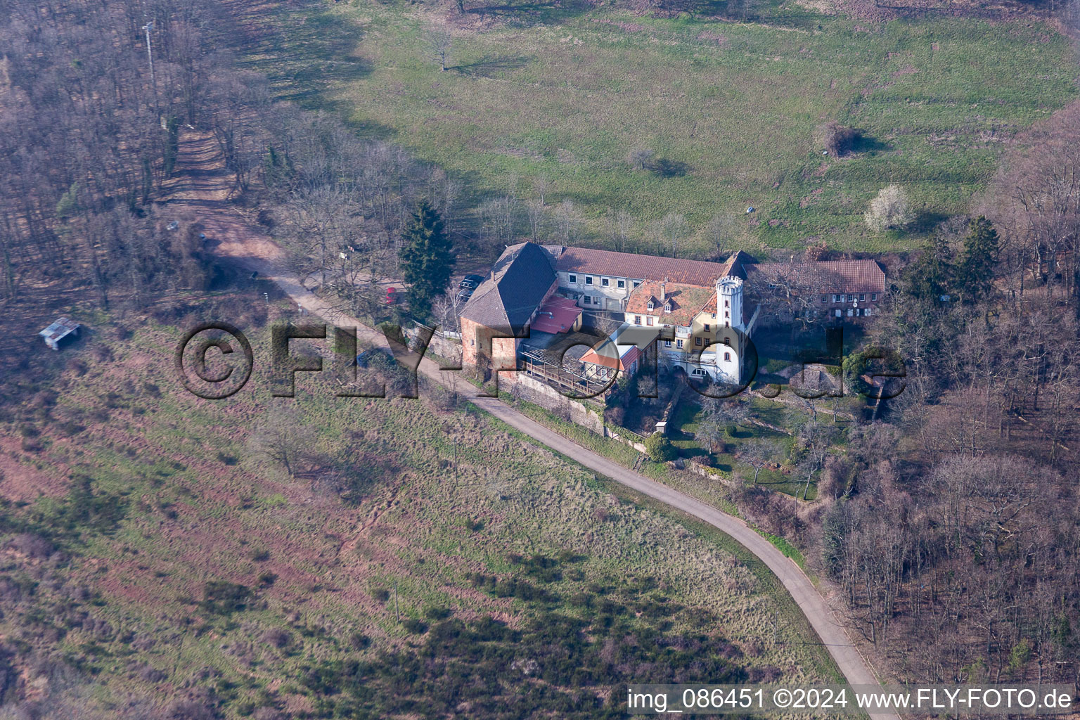 Aerial view of Museum building ensemble Slevogthof in Leinsweiler in the state Rhineland-Palatinate, Germany