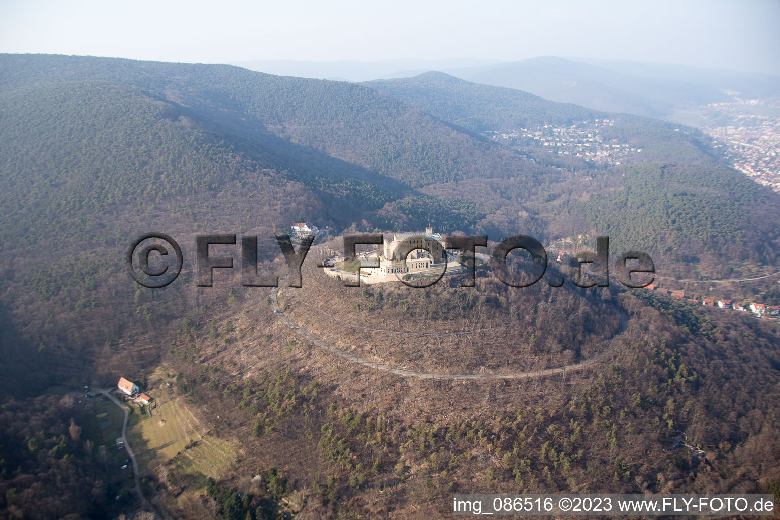 Hambach Castle in the district Diedesfeld in Neustadt an der Weinstraße in the state Rhineland-Palatinate, Germany from above