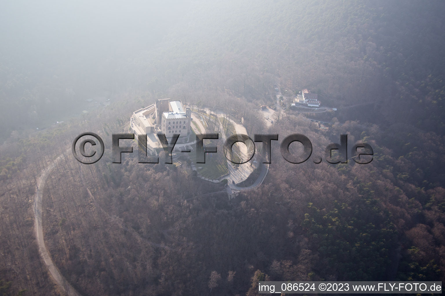 Drone recording of Hambach Castle in the district Diedesfeld in Neustadt an der Weinstraße in the state Rhineland-Palatinate, Germany