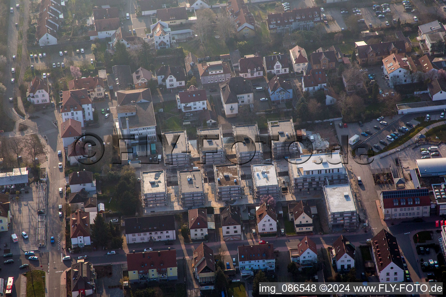 Construction site for City Quarters Building 'Im Stadtkern' in Kandel in the state Rhineland-Palatinate, Germany from above