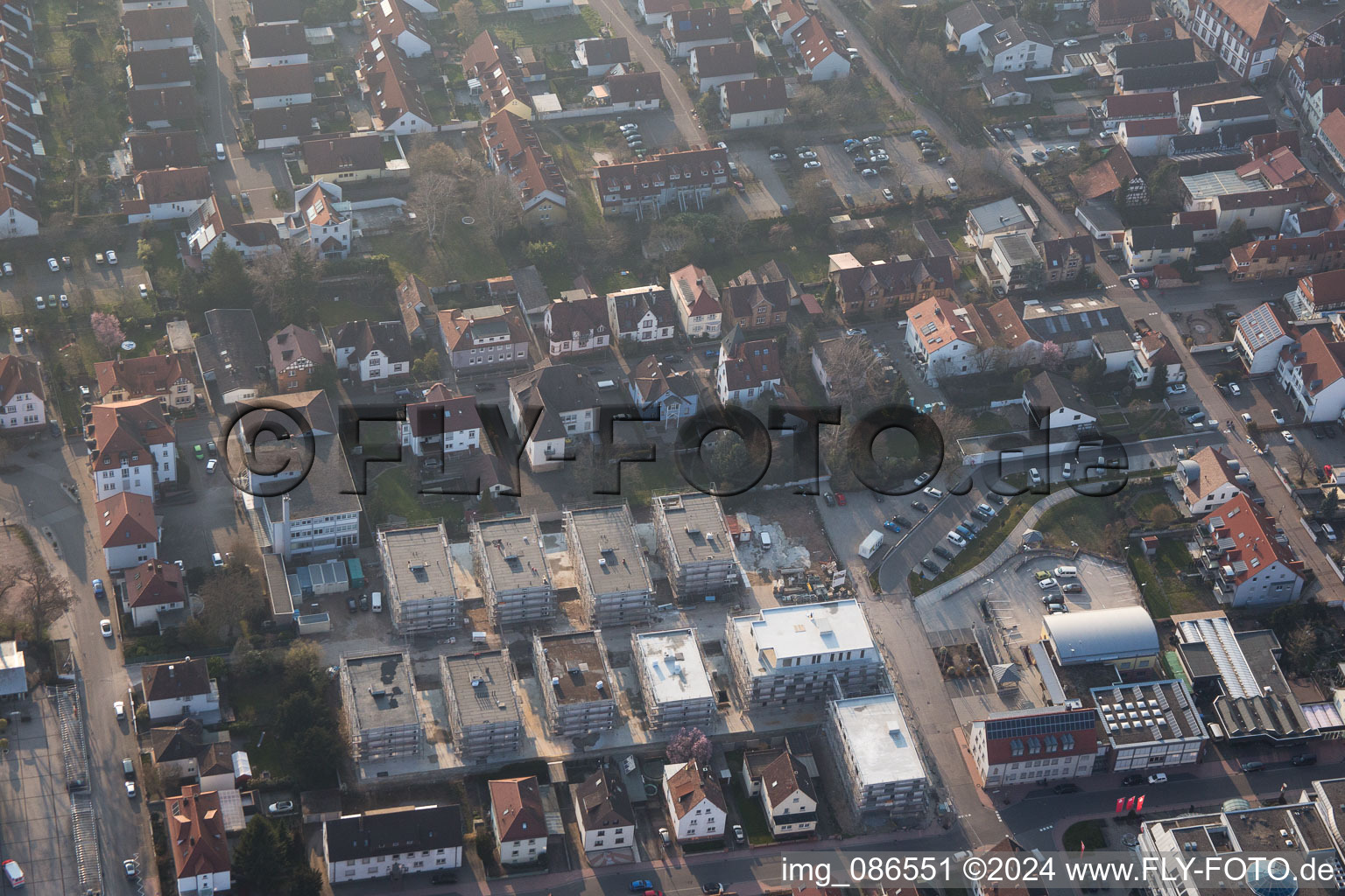 In the city center" New building of RiBa GmbH between Bismarck- and Gartenstr in Kandel in the state Rhineland-Palatinate, Germany viewn from the air