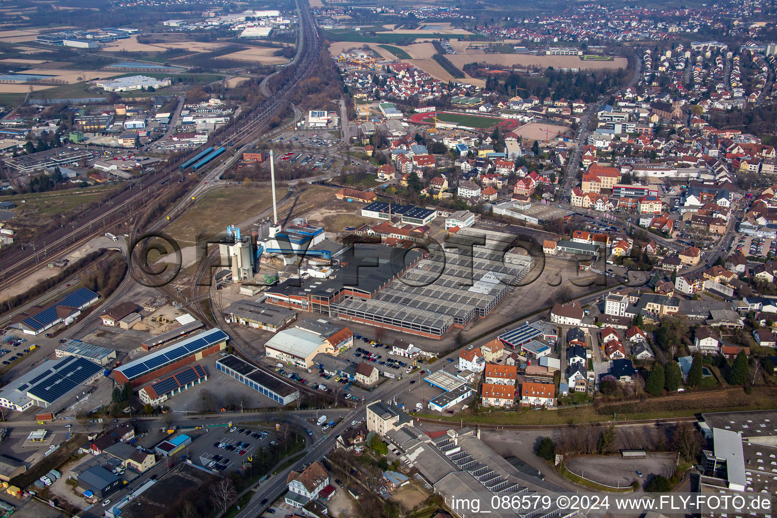 Aerial view of Industrial area SW Glasmacherstr in Achern in the state Baden-Wuerttemberg, Germany