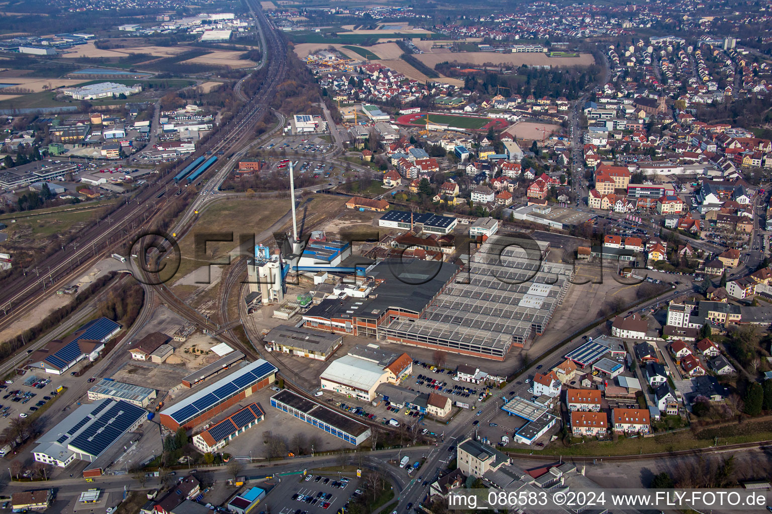 Oblique view of Industrial area SW Glasmacherstr in Achern in the state Baden-Wuerttemberg, Germany