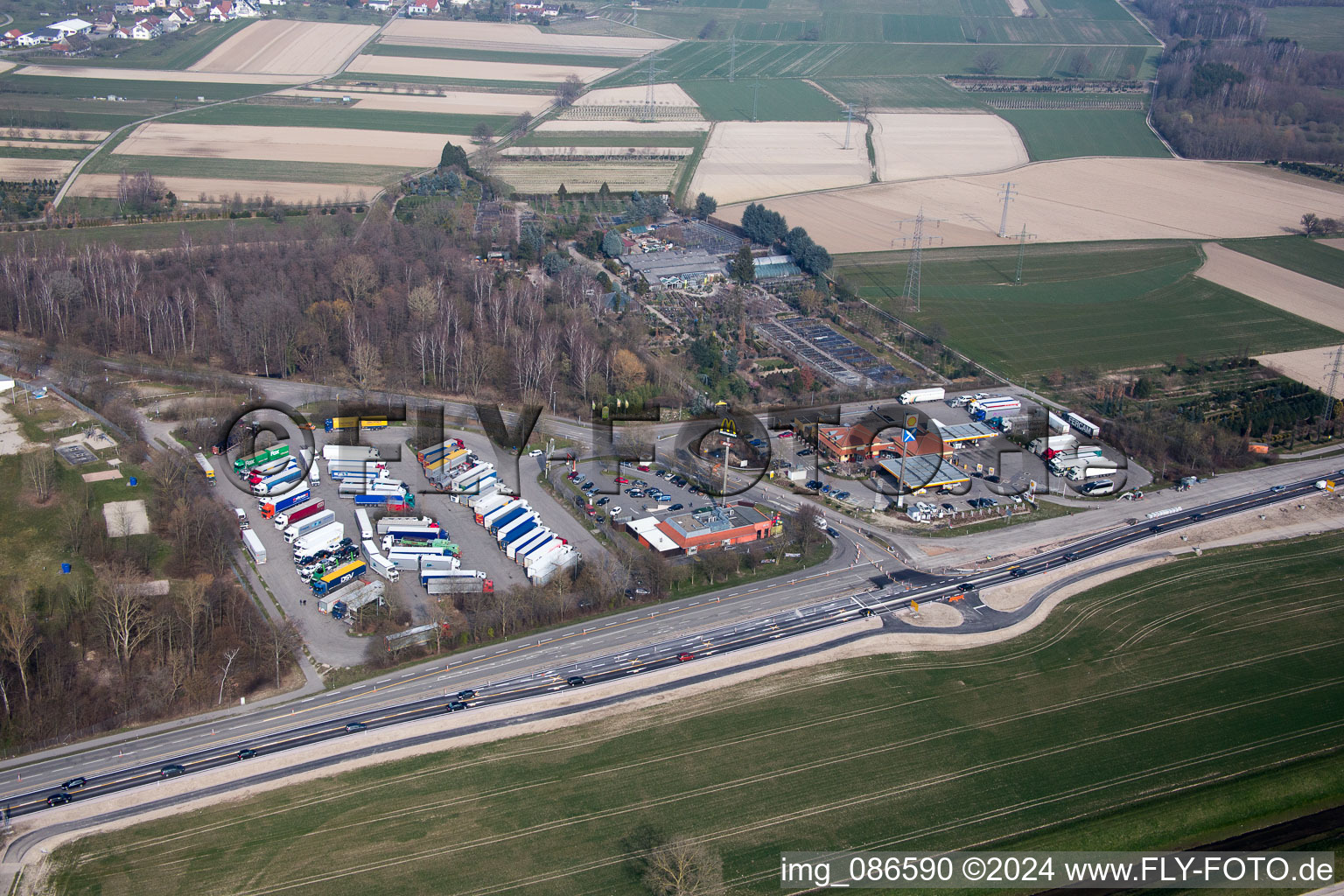 Aerial view of Truck stop at Achernsee in the district Fautenbach in Achern in the state Baden-Wuerttemberg, Germany