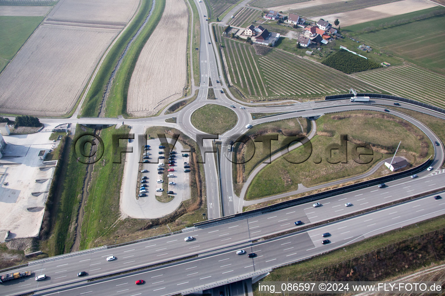 Aerial view of Motorway exit A5 in the district Gamshurst in Achern in the state Baden-Wuerttemberg, Germany