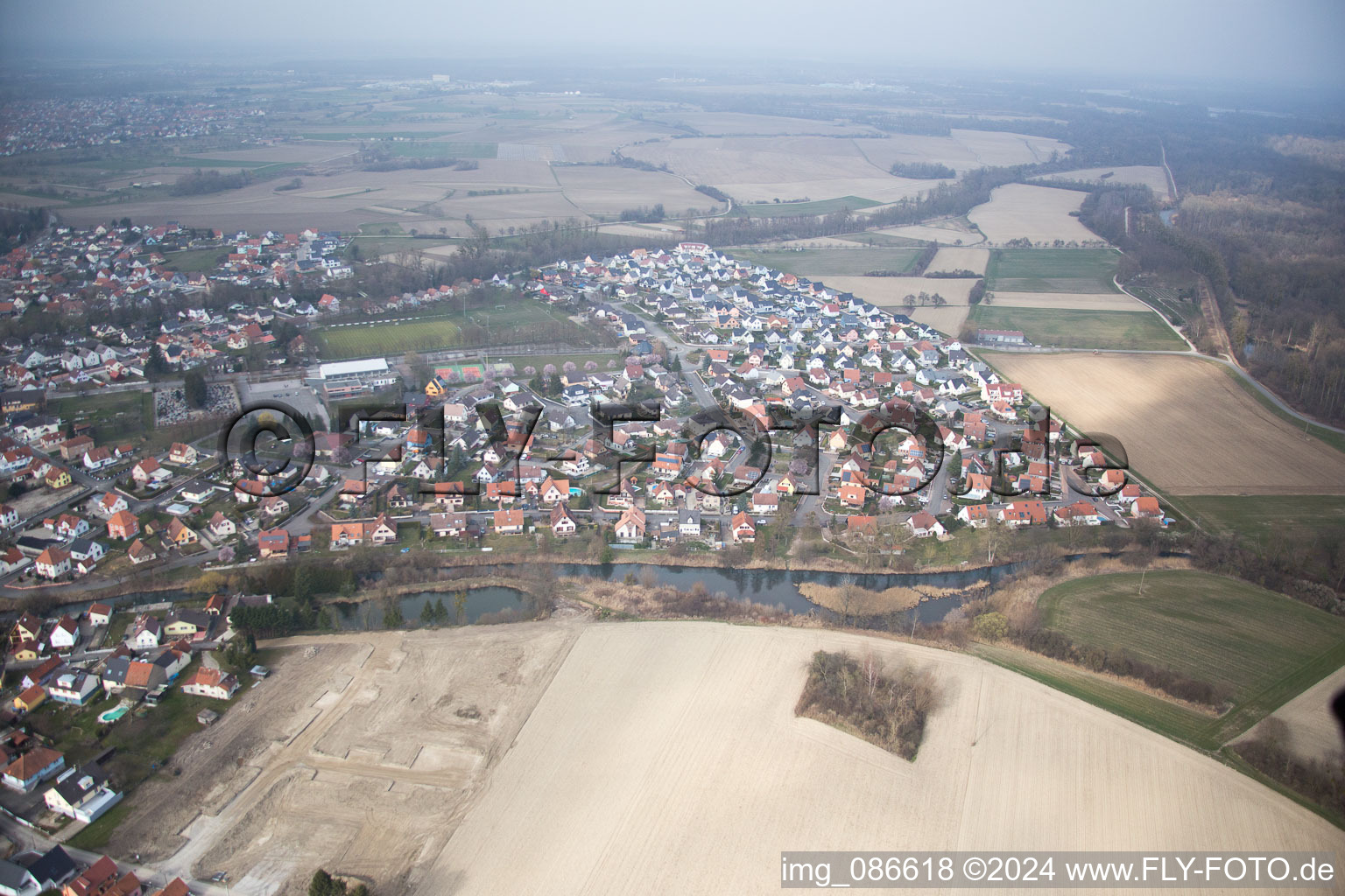 Aerial view of Offendorf in the state Bas-Rhin, France