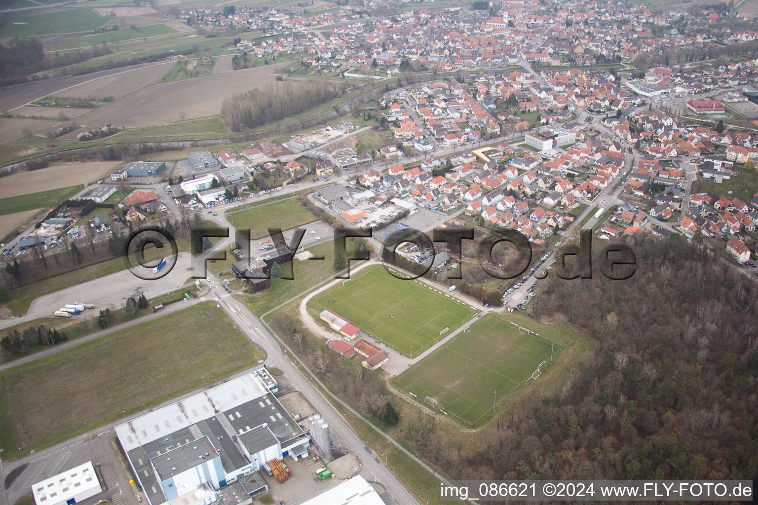 Aerial view of Drusenheim in the state Bas-Rhin, France