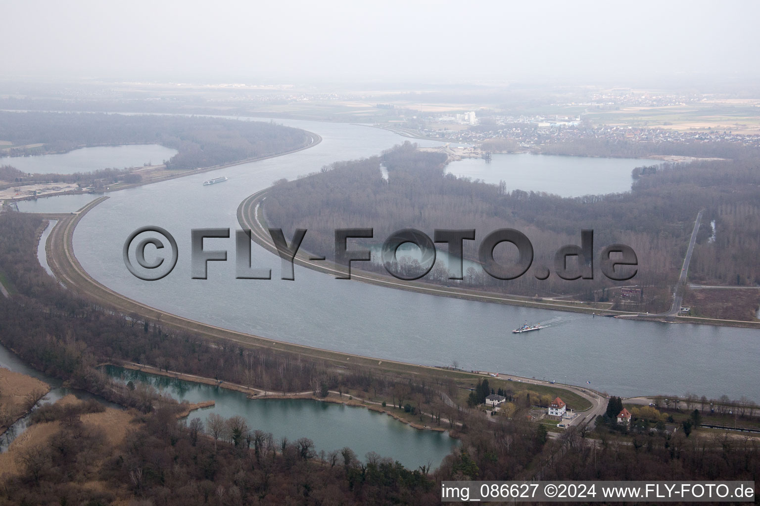 Aerial view of Rhine ferry in Drusenheim in the state Bas-Rhin, France