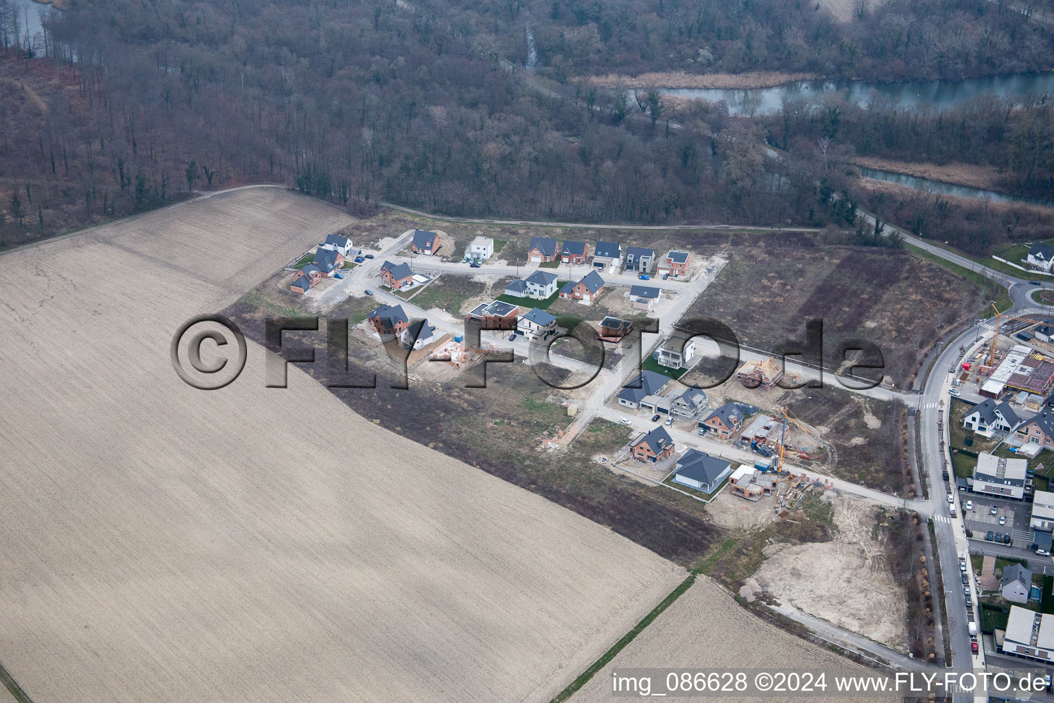 Drusenheim in the state Bas-Rhin, France from above