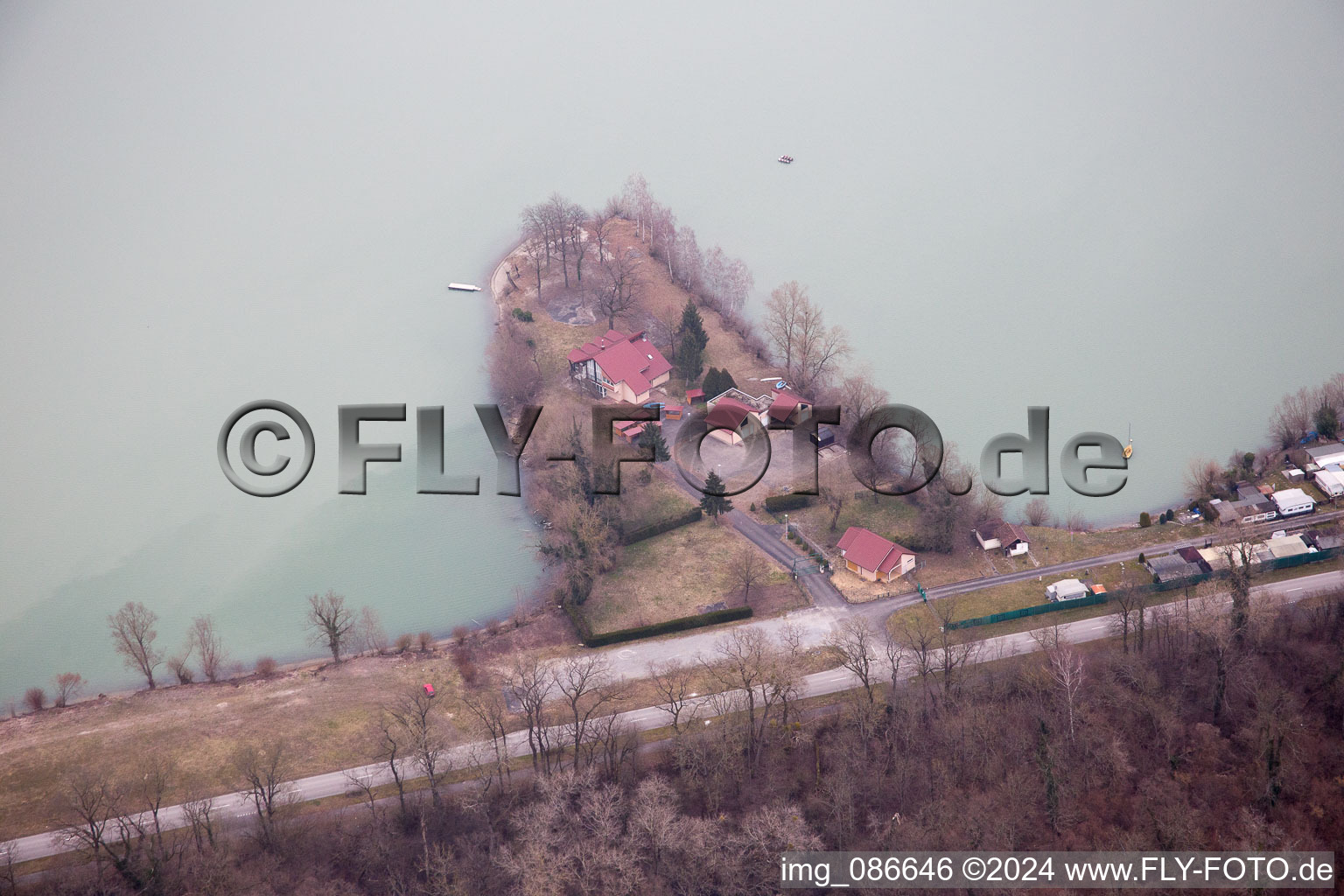 Aerial view of Le Salmengrund quarry lake in Seltz in the state Bas-Rhin, France