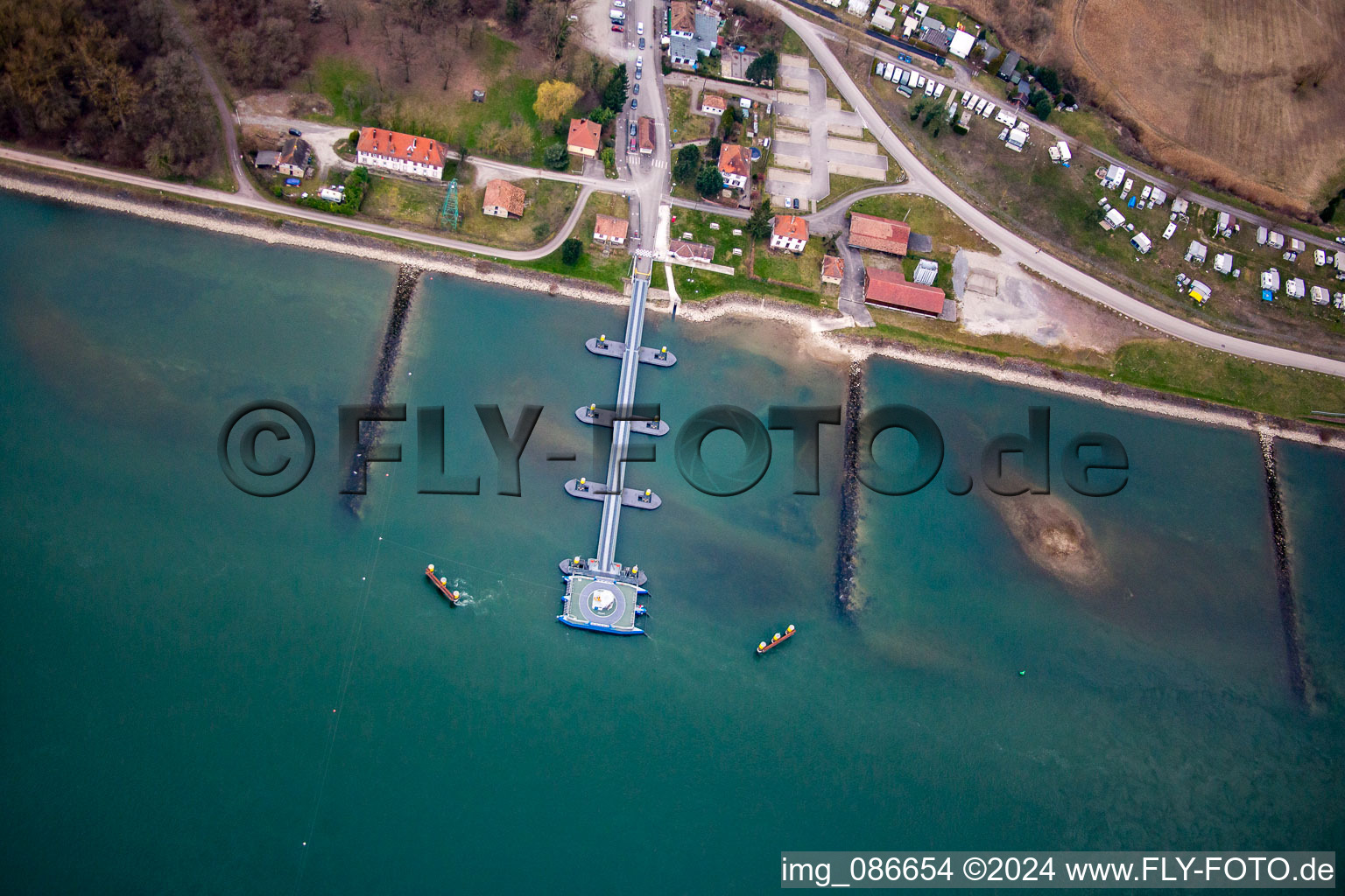 Aerial photograpy of Rhine Ferry ship and dock between Seltz am Rhein in Alsace and Plittersdorf in Rastatt in the state Baden-Wurttemberg