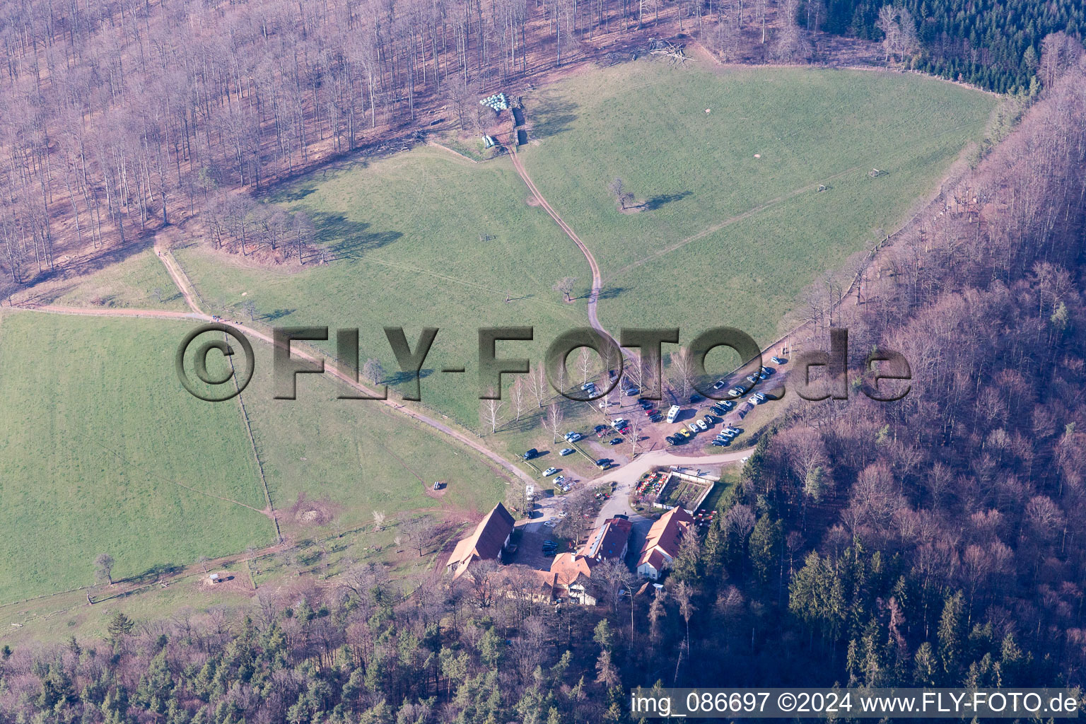 Gimbelhof in Wingen in the state Bas-Rhin, France seen from above