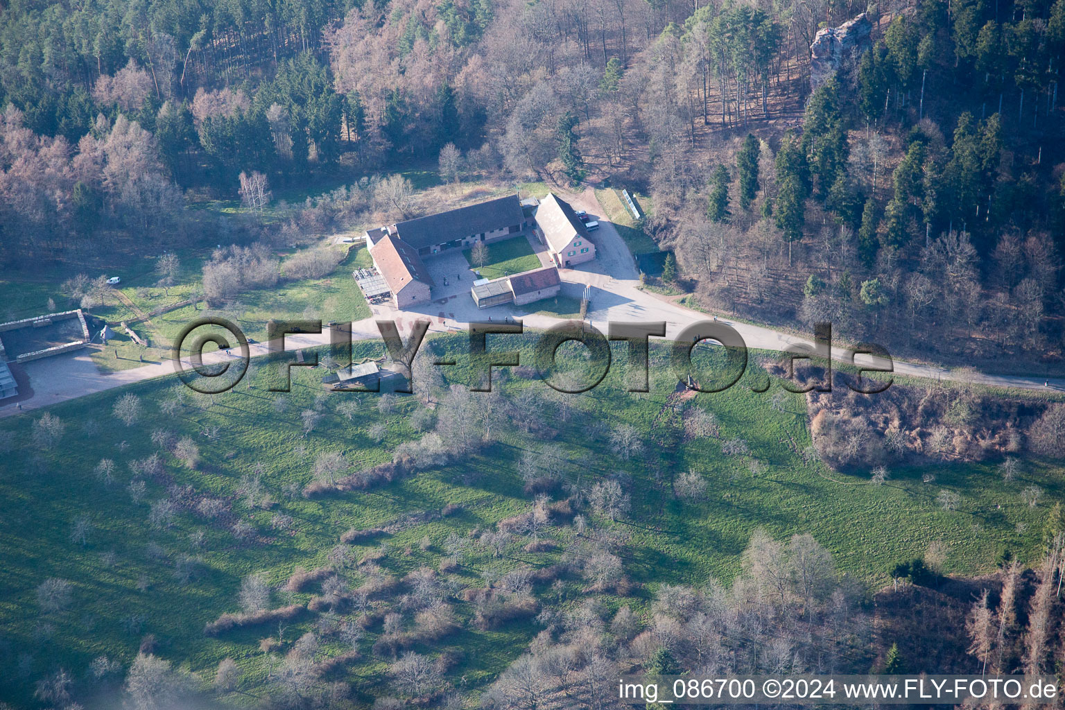 Gimbelhof in Wingen in the state Bas-Rhin, France viewn from the air