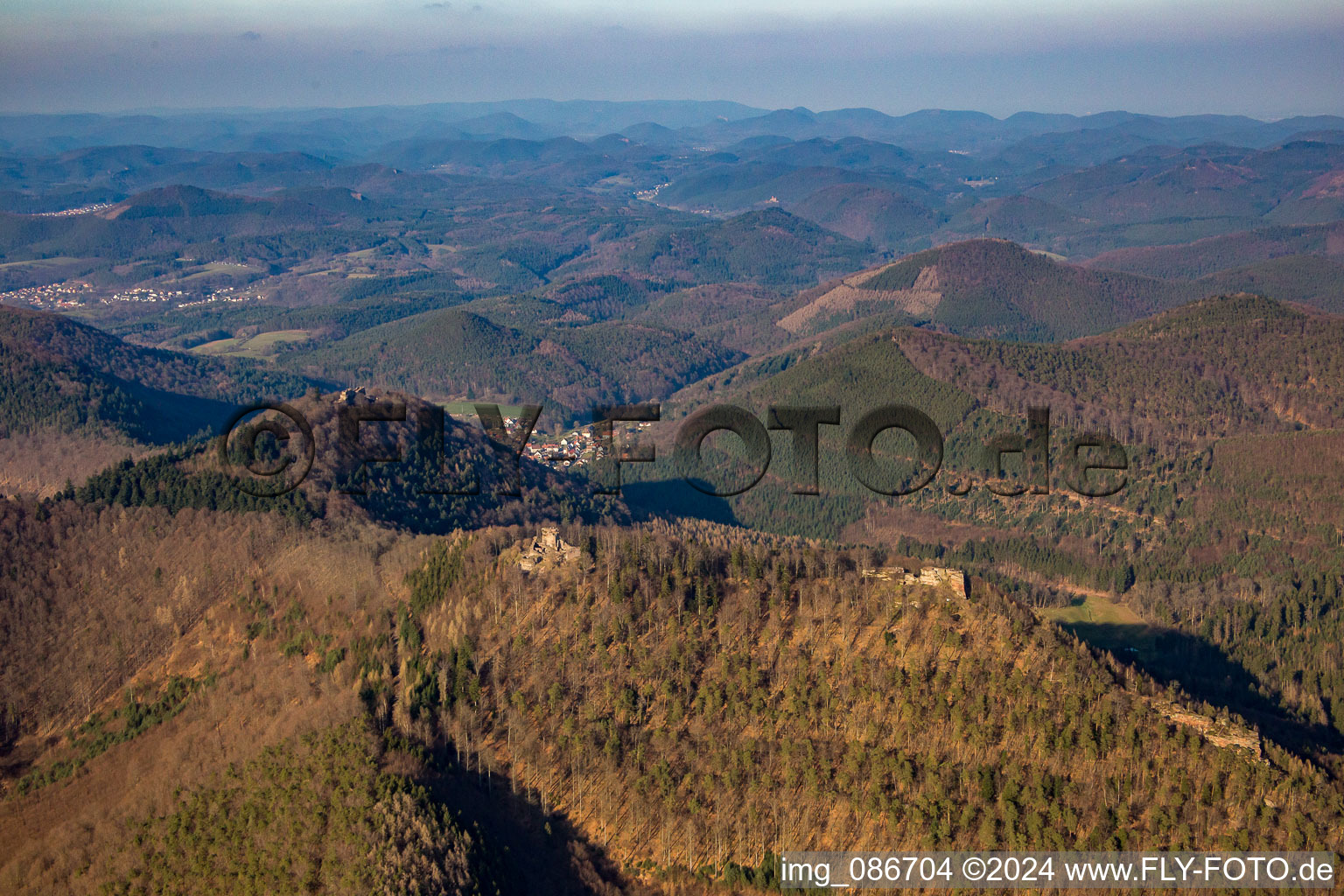 Aerial view of Löwenstein, Hohenburg and Wegelnburg in Wingen in the state Bas-Rhin, France