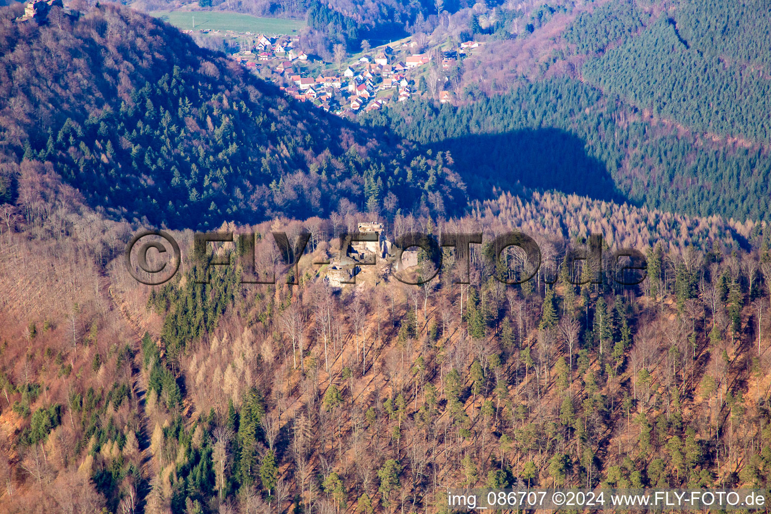 Aerial view of Chateau de Löwenstein in Wingen in the state Bas-Rhin, France