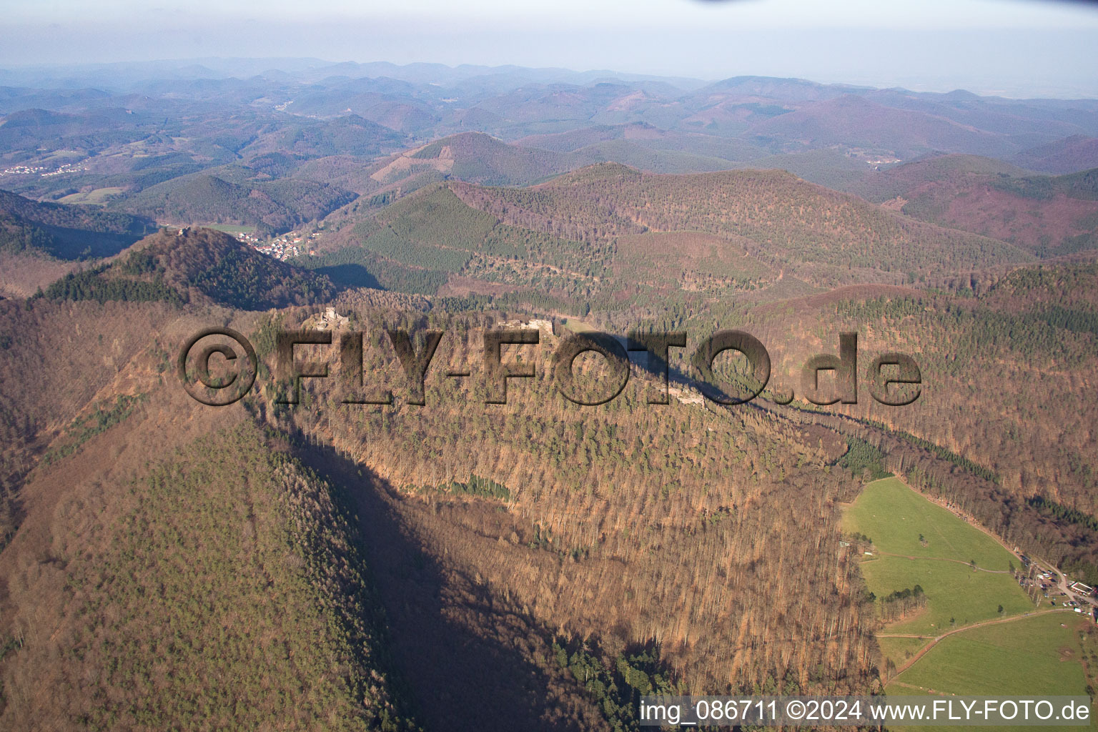 Aerial view of Castle ruins Löwenstein, Hohenburg and Wegelnburg from the south in Wingen in the state Bas-Rhin, France