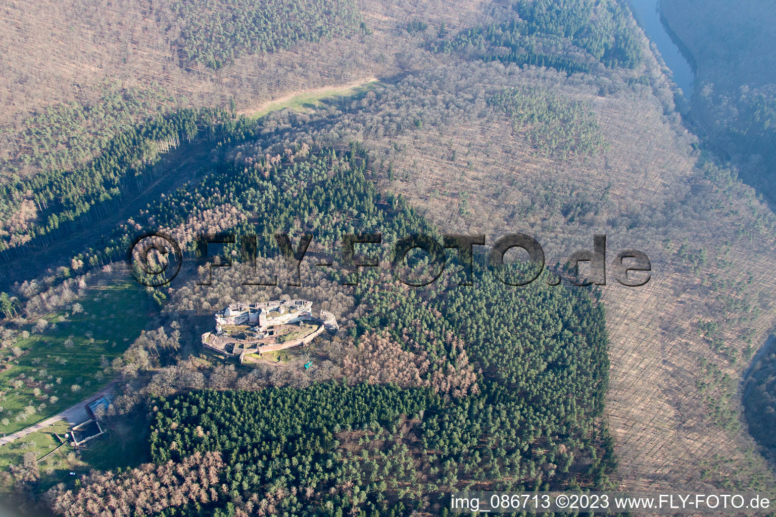 Aerial view of Fleckenstein ruins in Lembach in the state Bas-Rhin, France
