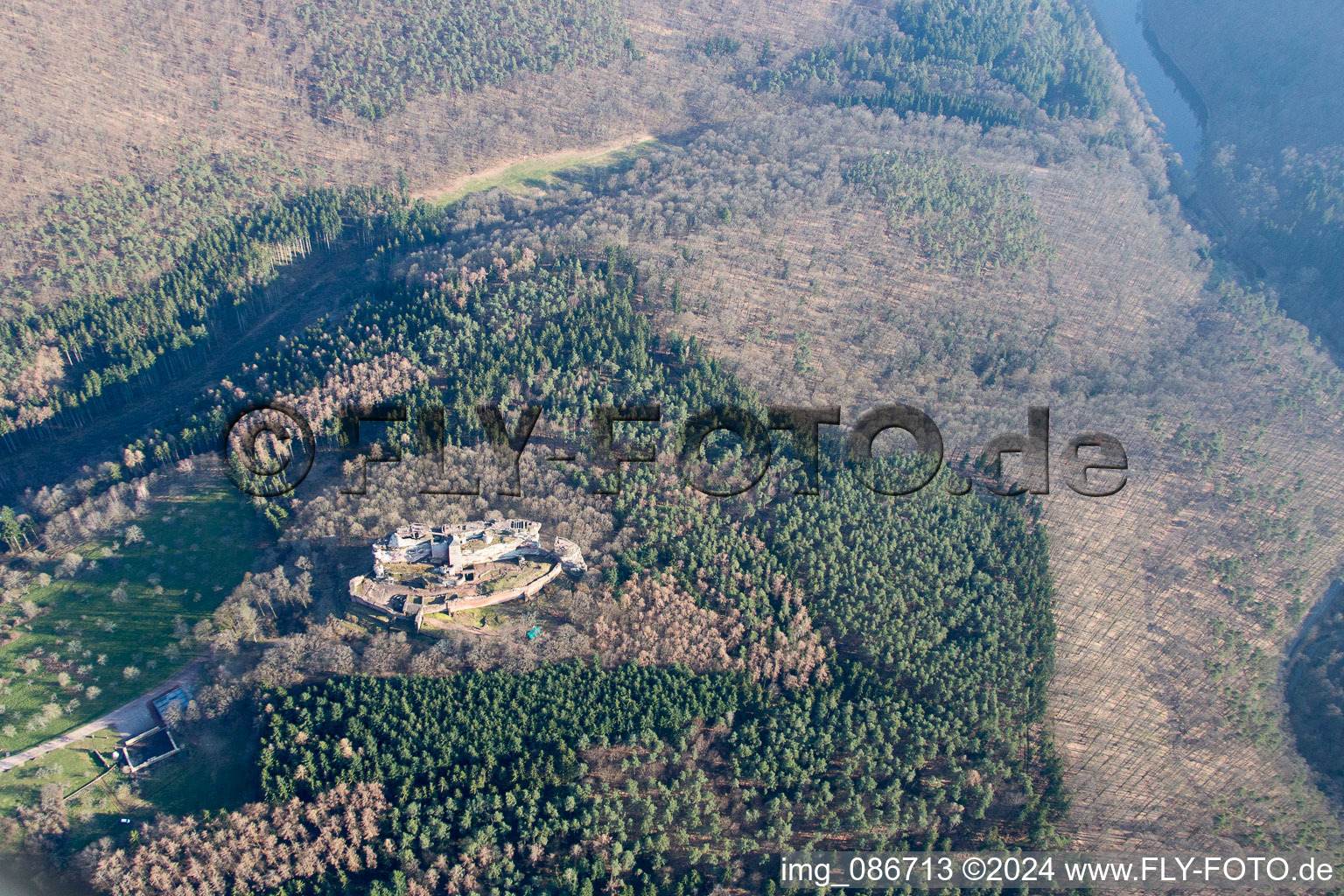 Aerial view of Fleckenstein Ruins in Lembach in the state Bas-Rhin, France