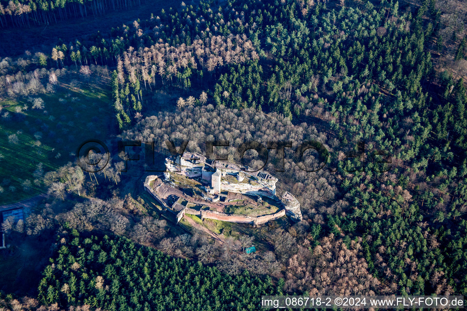 Fleckenstein Ruins in Lembach in the state Rhineland-Palatinate, Germany seen from above