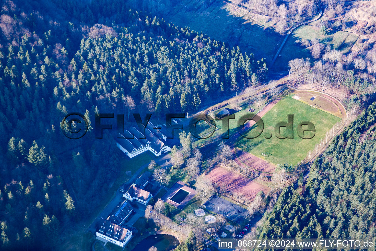 Aerial view of Sports field at Heilsbach in Schönau in the state Rhineland-Palatinate, Germany