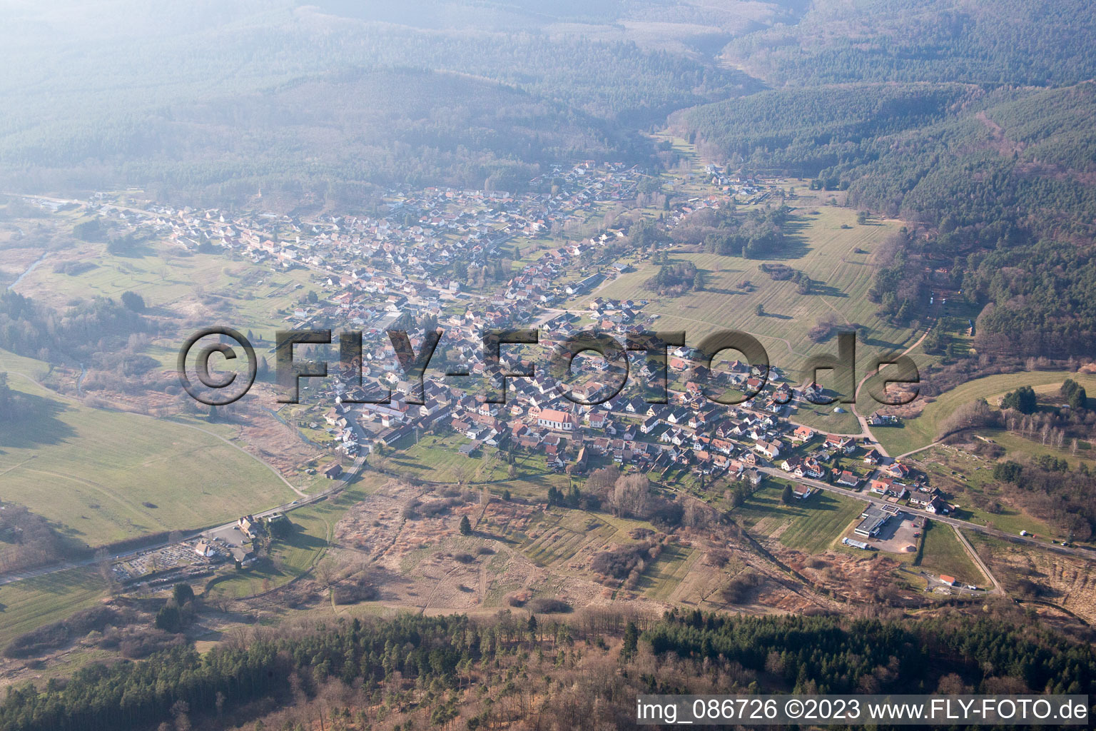 Aerial view of Fischbach bei Dahn in the state Rhineland-Palatinate, Germany