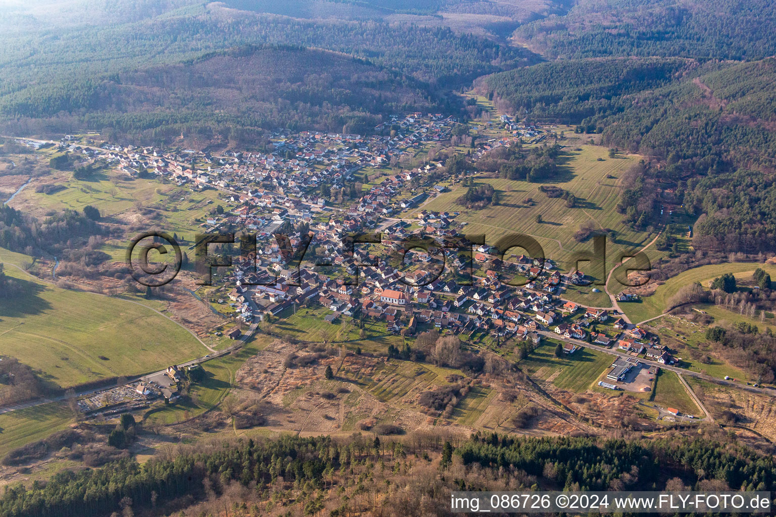 Aerial view of Fischbach bei Dahn in the state Rhineland-Palatinate, Germany