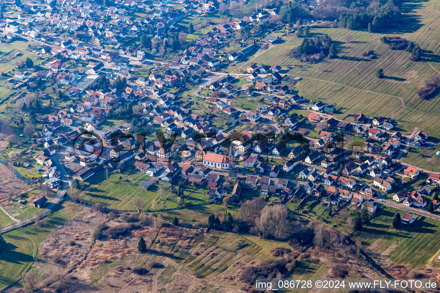 Oblique view of Fischbach bei Dahn in the state Rhineland-Palatinate, Germany