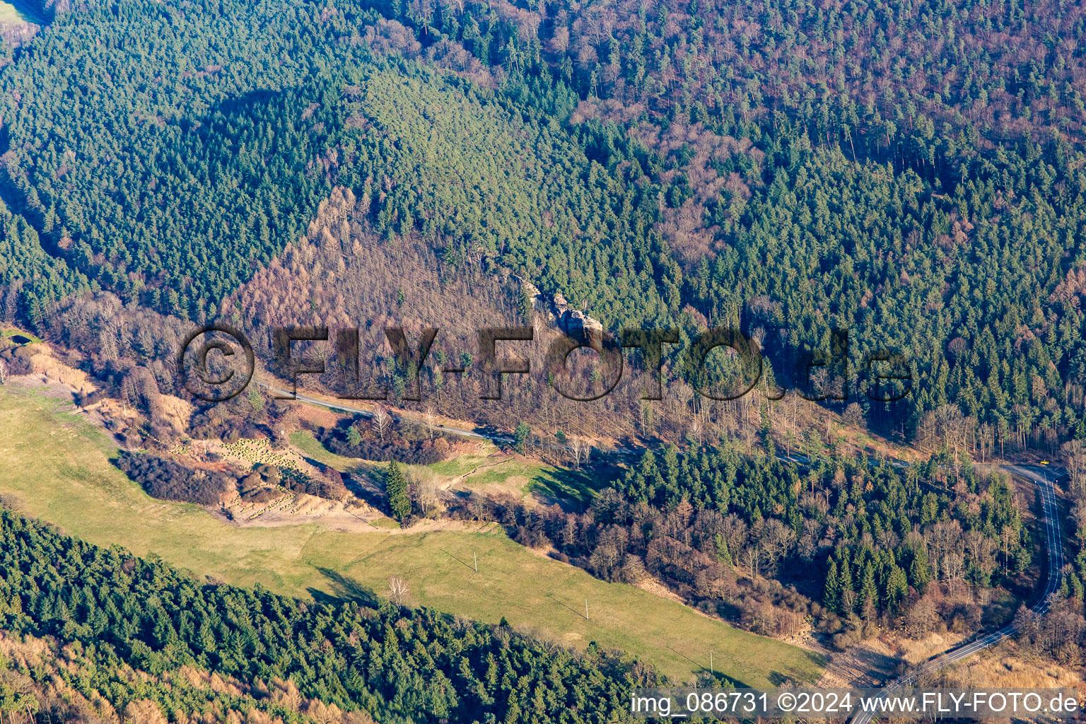 Fischbach bei Dahn in the state Rhineland-Palatinate, Germany seen from above