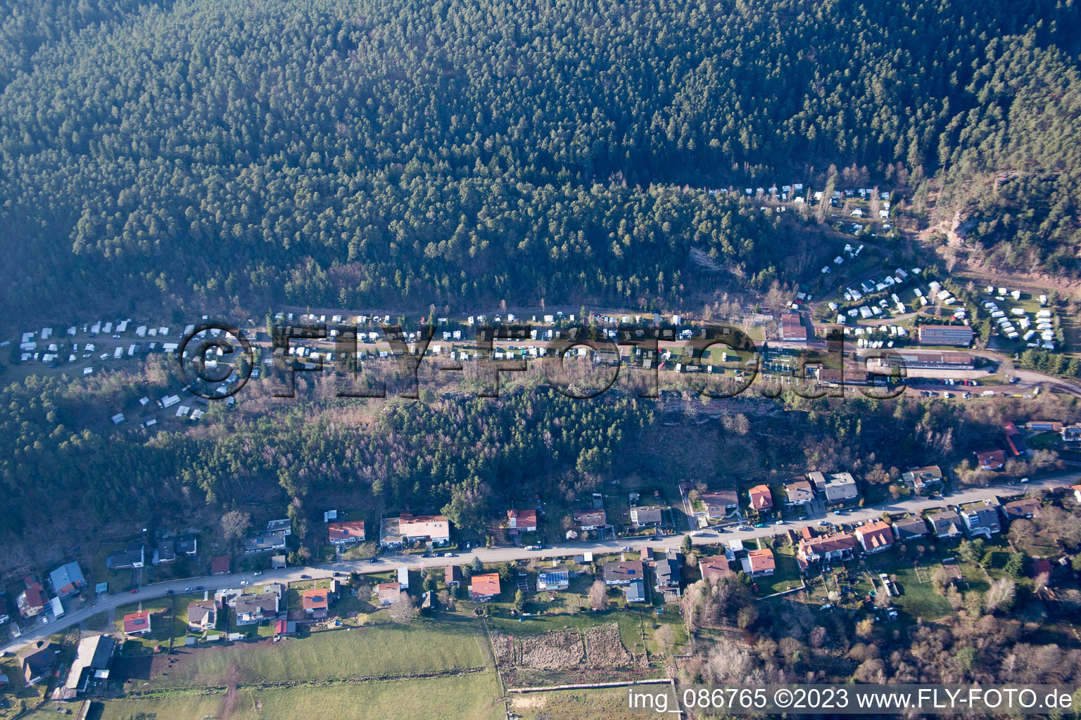 Aerial view of Büttelwoog campsite in Dahn in the state Rhineland-Palatinate, Germany