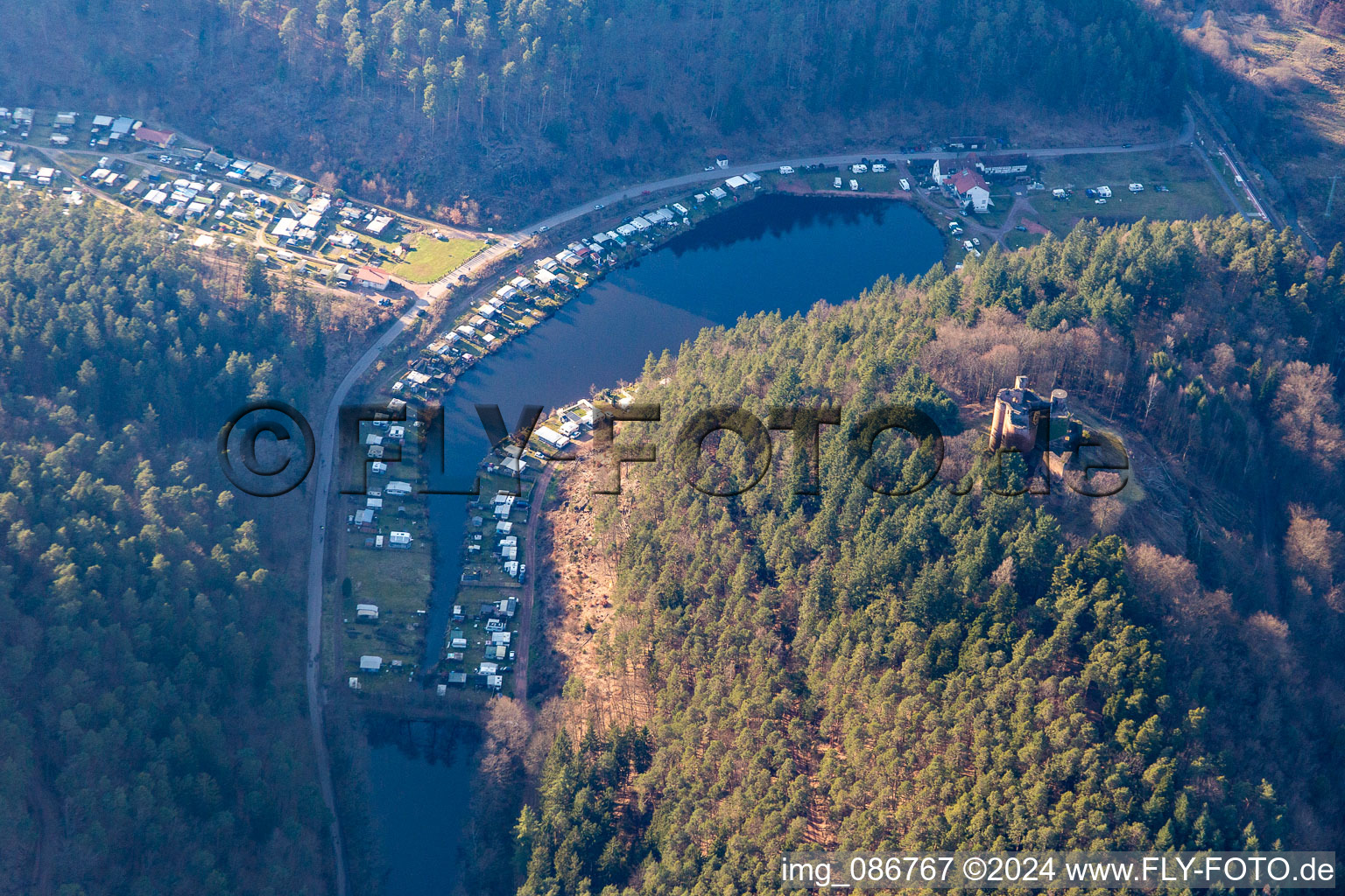 Aerial view of Camping Neudahner Weiher in Dahn in the state Rhineland-Palatinate, Germany