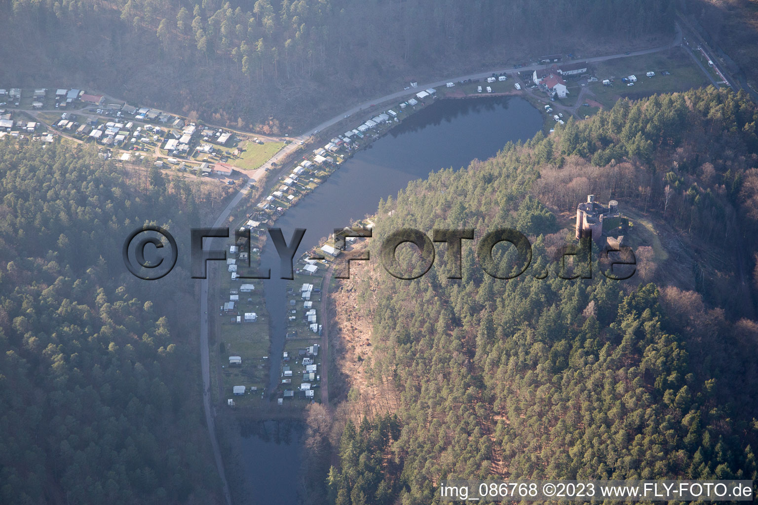 Aerial photograpy of Neudahner Weiher campsite in Dahn in the state Rhineland-Palatinate, Germany